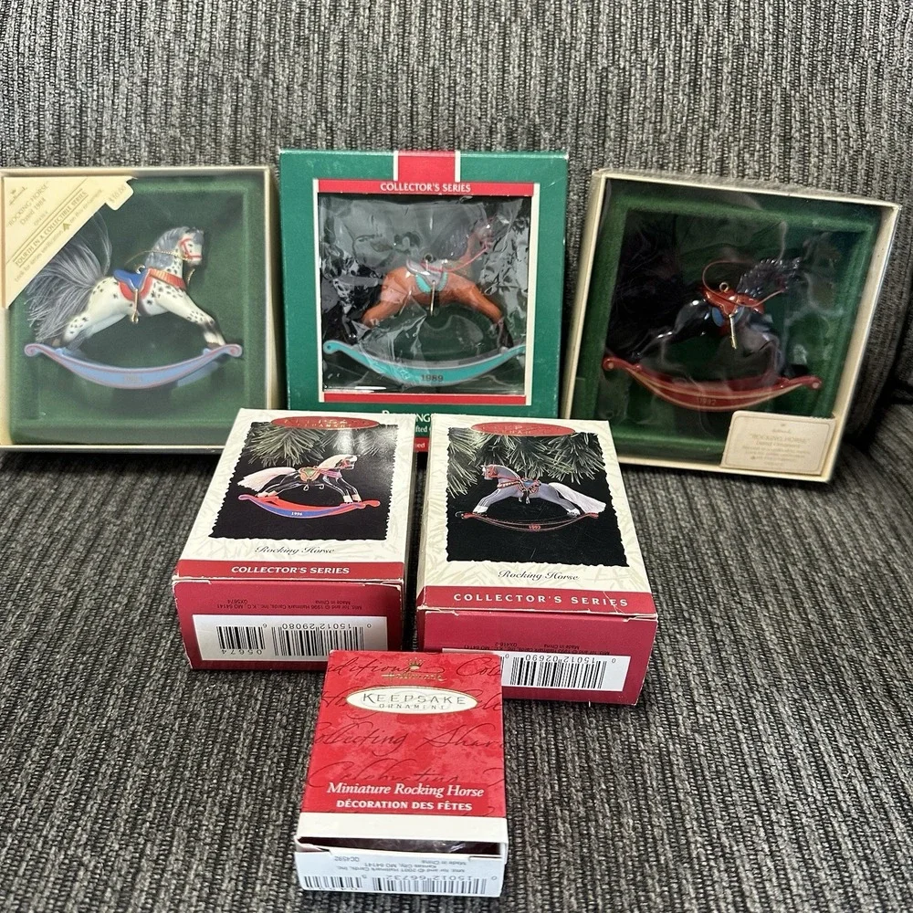Lot / 6 Vintage Hallmark Rocking Horse Series 2, 4 + Keepsake Christmas Ornament